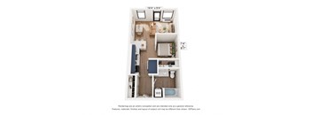 a stylized floor plan with a bedroom and a living room