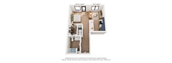 a stylized floor plan with a bedroom and a living room
