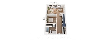 a stylized floor plan with a bedroom and a living room
