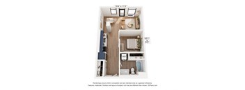 a stylized floor plan with a bedroom and a living room