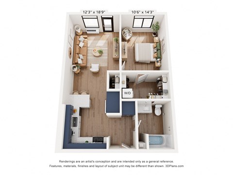 a stylized floor plan with a bedroom and a living room