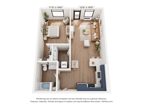 a floor plan of a 1 bedroom apartment with a wood floor