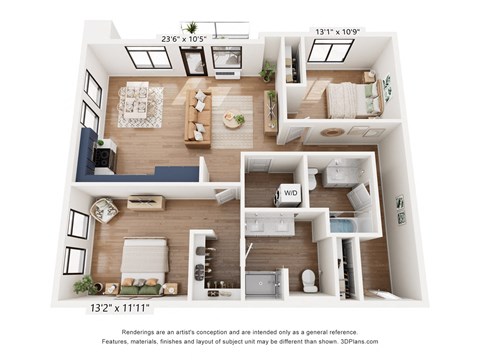 a 3d rendering of a 2-bedroom floor plan