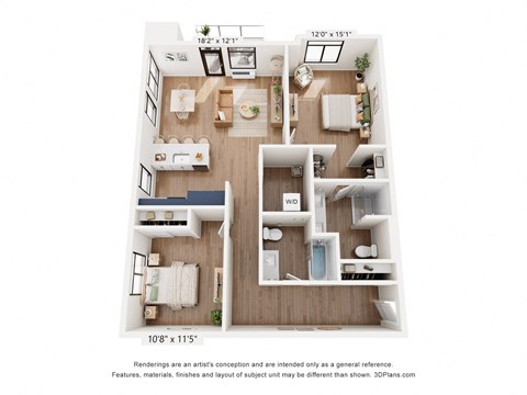 a stylized floor plan of a 2-bedroom floor plan