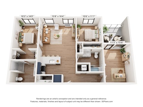 a stylized floor plan of a 2-bedroom apartment