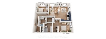 a 3d rendering of a 2-bedroom floor plan