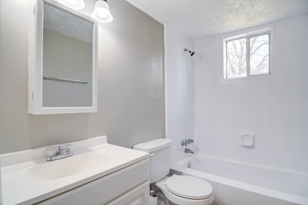 Affinitee at Pine Lake Apartments in Pine Lake, GA photo of a bathroom with a sink toilet and a bath tub