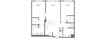 A floor plan of a house with three bedrooms and a living/dining area.