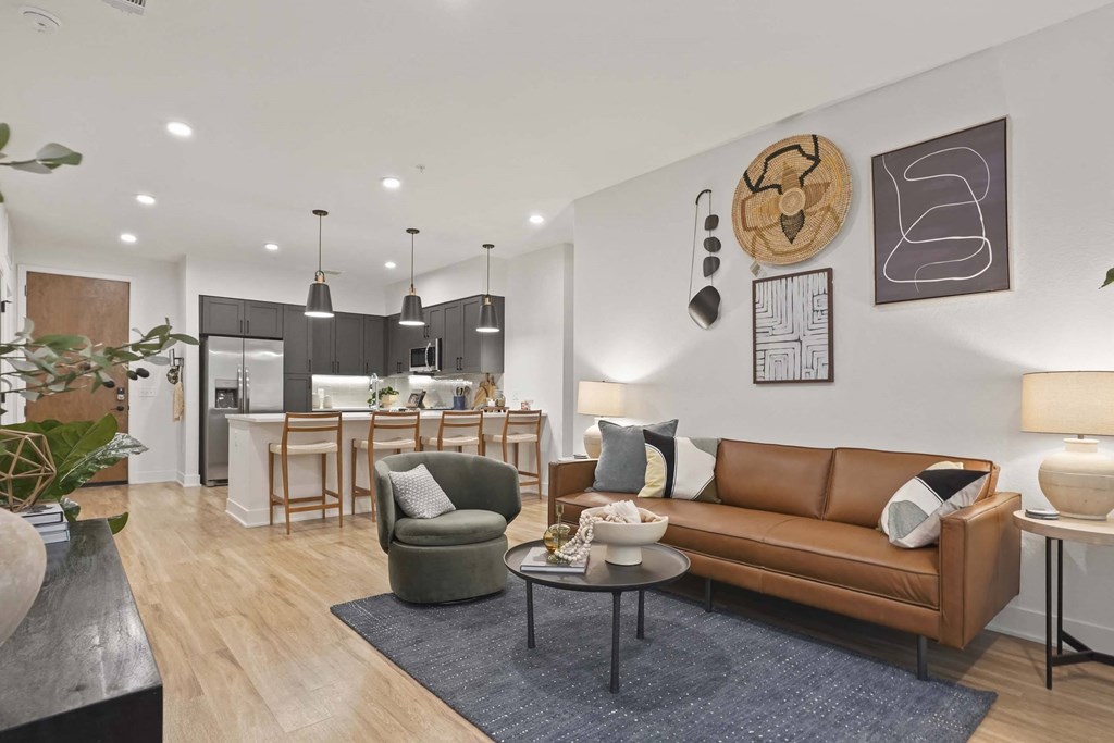 a living room with a couch and a table