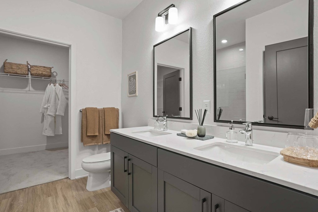 a bathroom with two sinks and a toilet