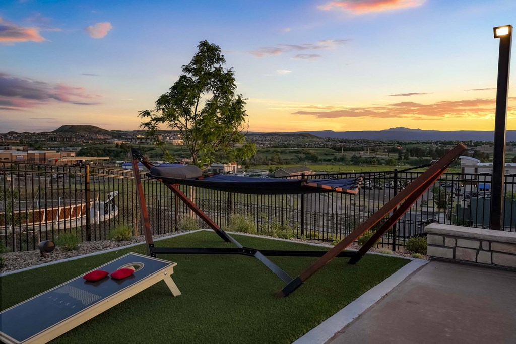 a view of a backyard with a hammock and a table with balls on it
