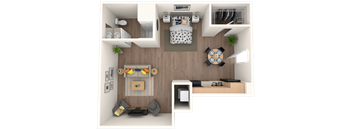 A top-down view of a small apartment with a living room, kitchen, and bedroom.