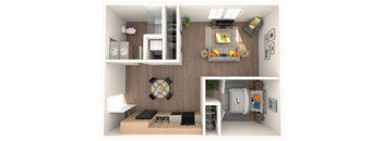 A 3D rendered image of a small apartment layout.