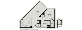 the floor plan of the lofted house has a large peaked roof and a bedroom