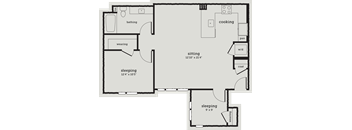 a floor plan of a bedroom apartment with a living room and a dining room
