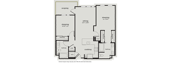a floor plan of a bedroom apartment with a kitchen and a living room