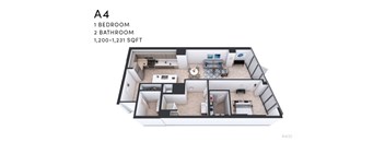 A 4 bedroom apartment with 2 bathrooms and a total area of 1,200-1,231 sqft is displayed.