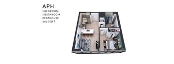 A floor plan of an apartment with one bedroom, one bathroom, and a penthouse.