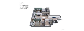A floor plan of apartment C1 with two bedrooms and two bathrooms.