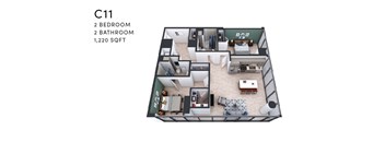 A floor plan of apartment C11 with 2 bedrooms and 2 bathrooms.