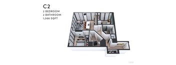 A 3D floor plan of apartment C2 with 2 bedrooms and 2 bathrooms.