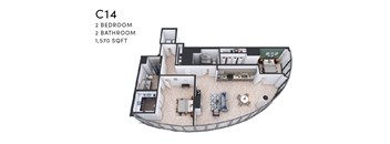 A floor plan of a C14 apartment with 2 bedrooms and 2 bathrooms.