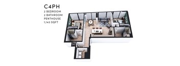 A diagram of a C4PH apartment with 2 bedrooms, 2 bathrooms, a penthouse, and a total area of 1,143 square feet.