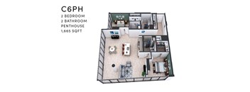 A 3D floor plan of a C6PH apartment with 2 bedrooms, 2 bathrooms, and a penthouse.