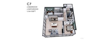A 3D floor plan of apartment C7 with 2 bedrooms and 2 bathrooms.