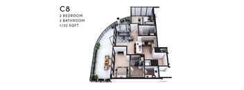 A floor plan of a C8 apartment with 2 bedrooms and 2 bathrooms.