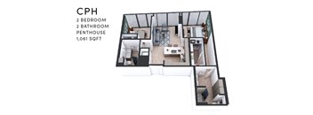 A floor plan of a condo with 2 bedrooms, 2 bathrooms, a penthouse and is 1,061 square feet.