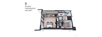 A floor plan of a studio apartment with 1 bathroom and 482 square feet.