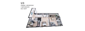 A floor plan of a U3 apartment with one bedroom, one bathroom, and 892 square feet.