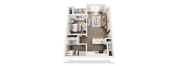 A floor plan of a small apartment with a kitchen, living room, and bedrooms.