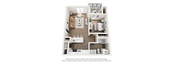 A 3D floor plan of a house with a living room, kitchen, dining room, and bathroom.