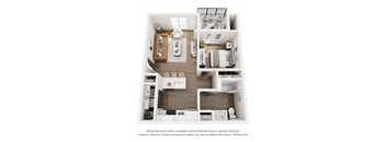 A 3D floor plan of a small apartment with a kitchen, living room, and bedroom.