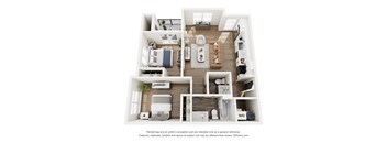 A 3D floor plan of a small apartment with a kitchen, living room, and bathroom.