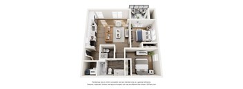 A 3D floor plan of a small apartment with a kitchen, living room, and bedrooms.