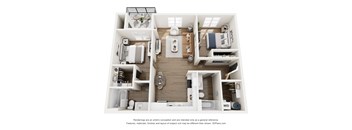 A 3D floor plan of a small apartment with a kitchen, living room, and bathroom.