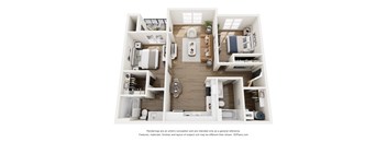 A 3D floor plan of a small apartment with a kitchen, living room, and bedroom.