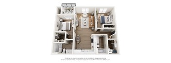 A 3D floor plan of a small apartment with a kitchen, living room, and bathroom.