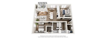 A 3D floor plan of a house with labeled rooms.