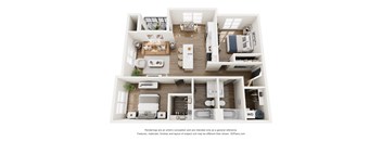 A 3D floor plan of a two-bedroom apartment with a living room, kitchen, and bathroom.