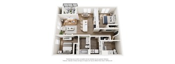 A 3D floor plan of a house with a kitchen, living room, bedrooms and bathrooms.