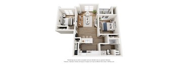 A 3D floor plan of a small apartment with a kitchen, living room, and bathroom.