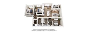 A 3D floor plan of a house with labeled rooms.