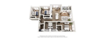 A 3D floor plan of a house with a living room, dining room, kitchen, and two bedrooms.