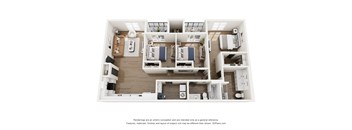 A 3D floor plan of a house with a kitchen, living room, and two bedrooms.