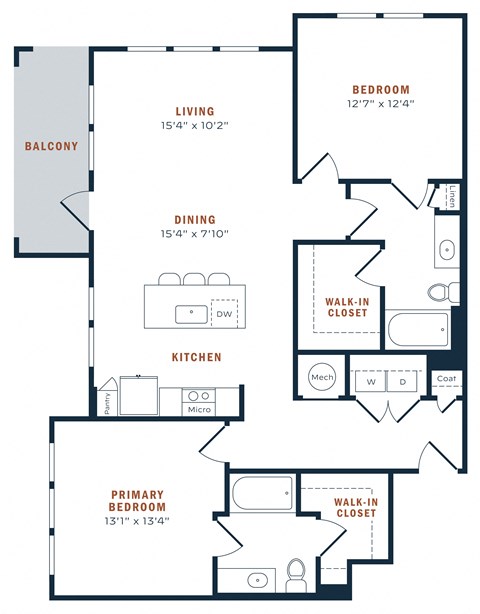 a floor plan of a two bedroom apartment with a kitchen and a living room with a dining