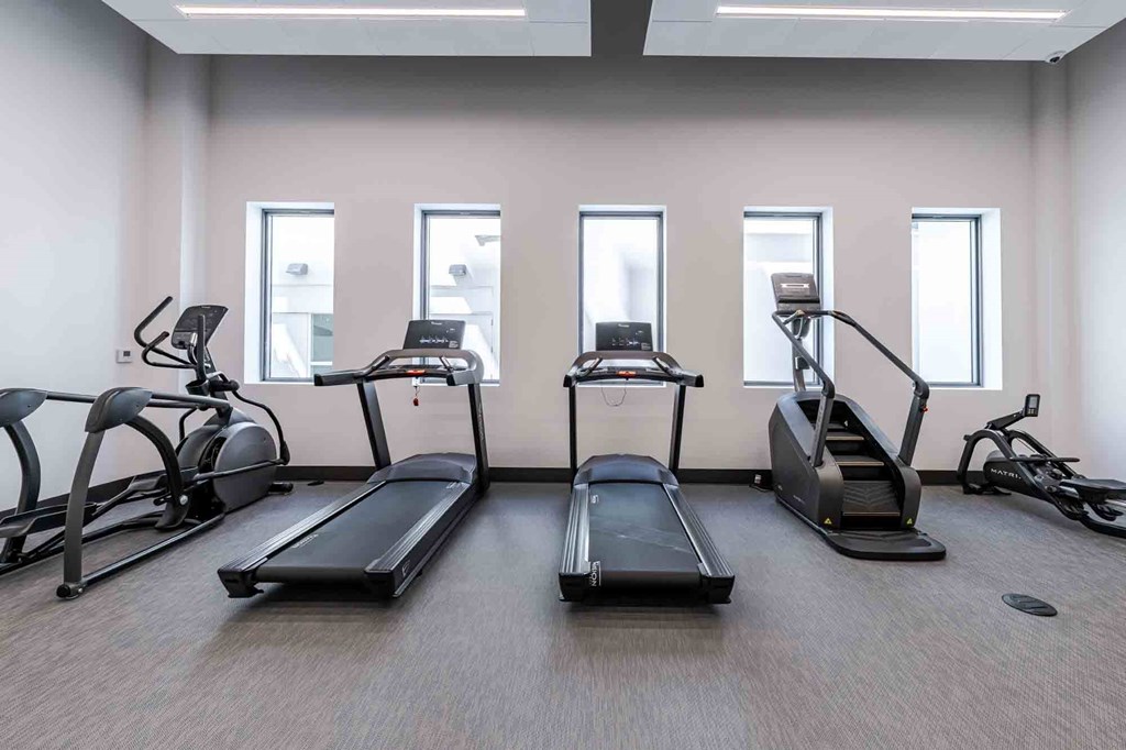 Pet-friendly Miami Beach apartment fitness center featuring treadmills and ellipticals in a clean, well-lit workout space.
